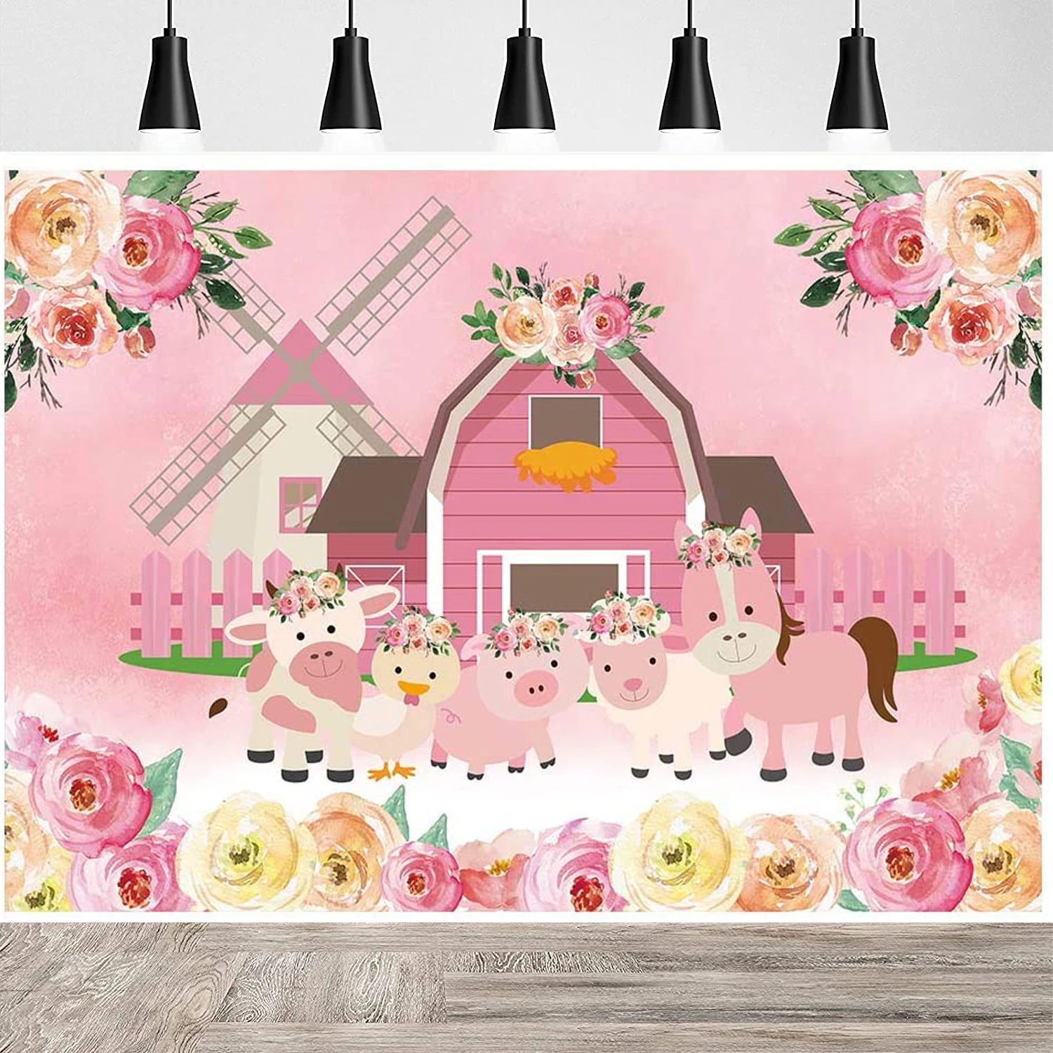 

Cartoon Farm Animal Party Backdrop Pink Barn Floral Girl Baby Shower Birthday Photography Background Flower Rustic Scenic Banner