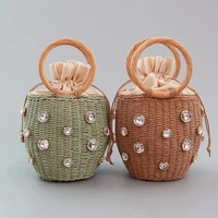 small drawstring straw tote bag handmade knitting bucket handbag with rhinestone decor summer beach wrist purse organizador