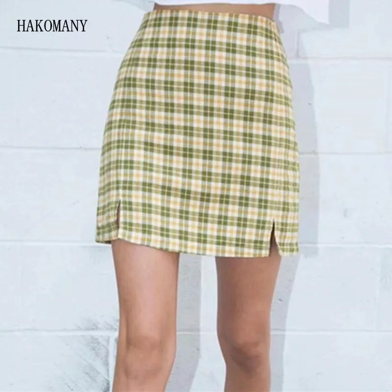 

Летняя мини-юбка в клеточку с двумя разрезами спереди и бедрами, модель 2020 года, короткая юбка трапециевидной формы в стиле ретро с высокой талией, Женская юбка с разрезом