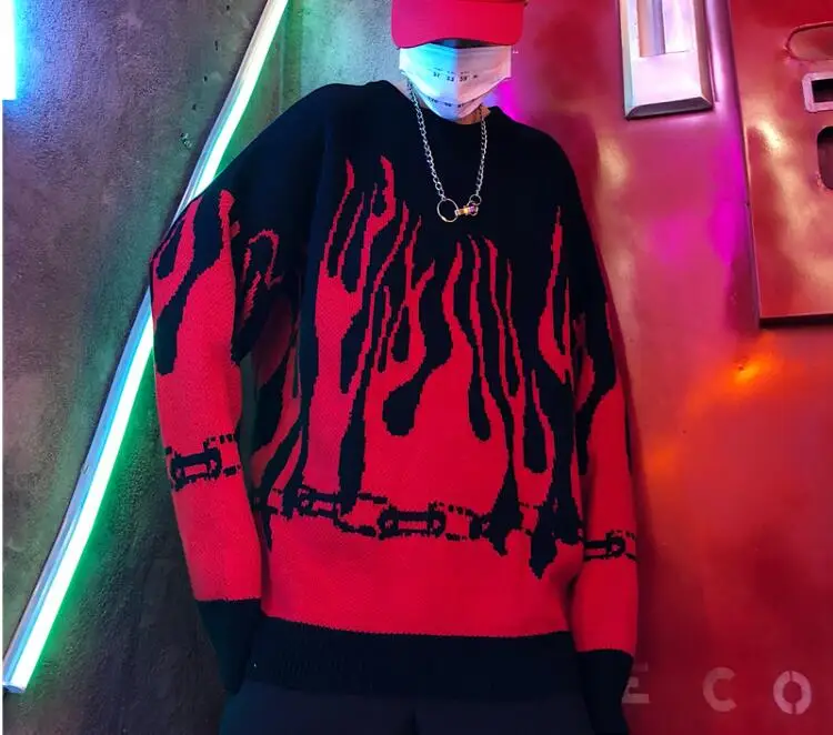 Женский вязаный Топ в стиле Харадзюку Свободный пуловер с изображением пламени