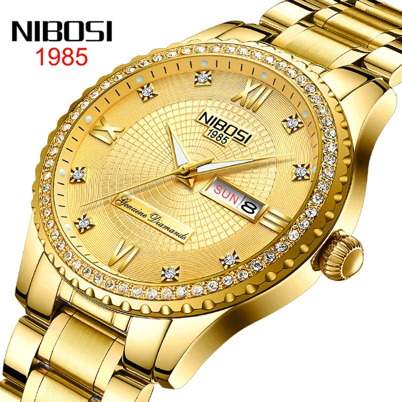 NIBOSI Mens Watches Top Brand Luxury Famous Men's Fashion Stainless Steel Diamond Dial Week Calendar Luminous Gold Quartz Watch