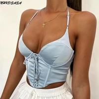 nhkdsasa crop tops women 2020 sleeveless bustier corset top satin fashion chic vest sexy halter backless cropped feminino camis