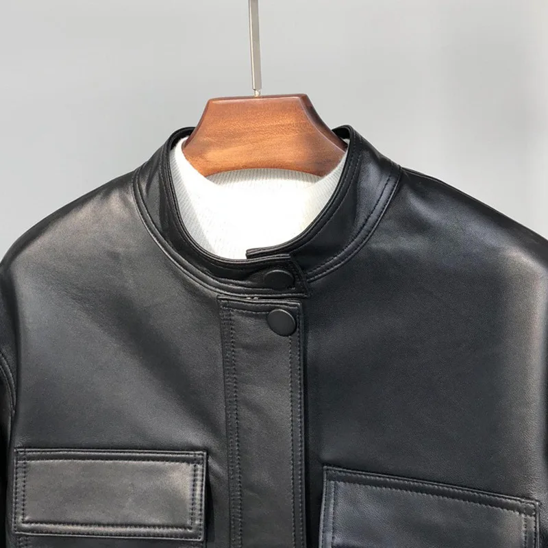 Abrigo de cuero de oveja auténtico para mujer, chaqueta holgada informal de piel de oveja auténtica para motocicleta, abrigos de primavera y otoño, novedad