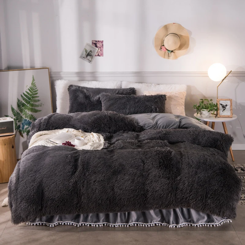 

Solid Color Luxury Plush Shaggy Bedding Set Warm Soft Twin Queen King size Duvet Cover Set Pompoms Ruffles Bedskirt Pillowcases
