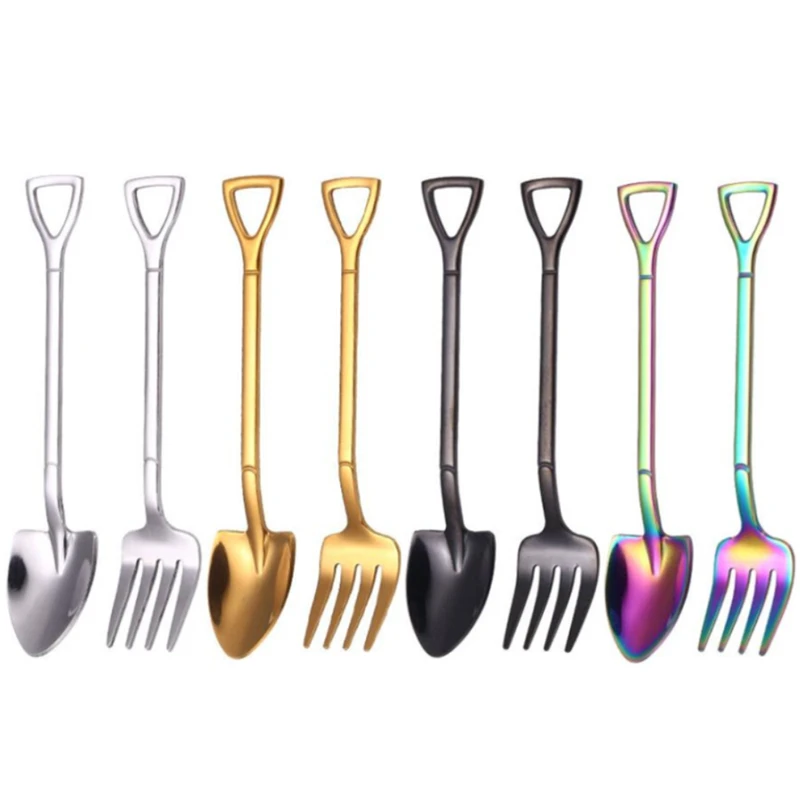 

8PCS Coffee Spoon Cutlery Set Stainless Steel Iron Shovel Ice Cream Spoon Scoop Fork Creative Spoon tea-spoon Fashion Tableware