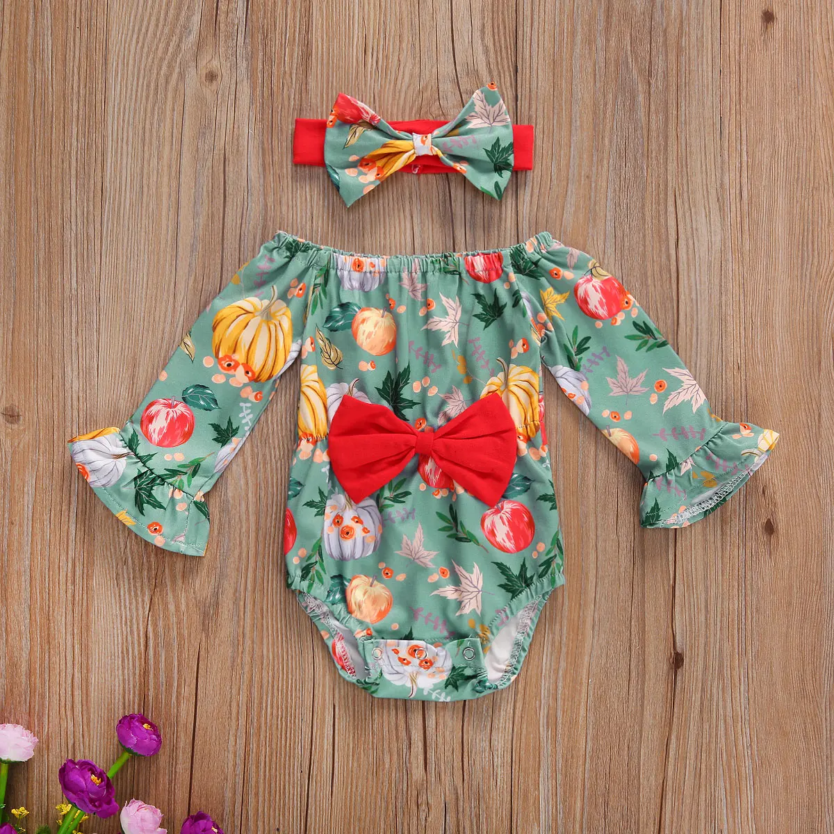 

Infant Newborn Baby Pumpkin Floral Boat Neck Long Flared Sleeve Jumpsuit and Headwear Halloween Bowknot Romper Headband for Kids
