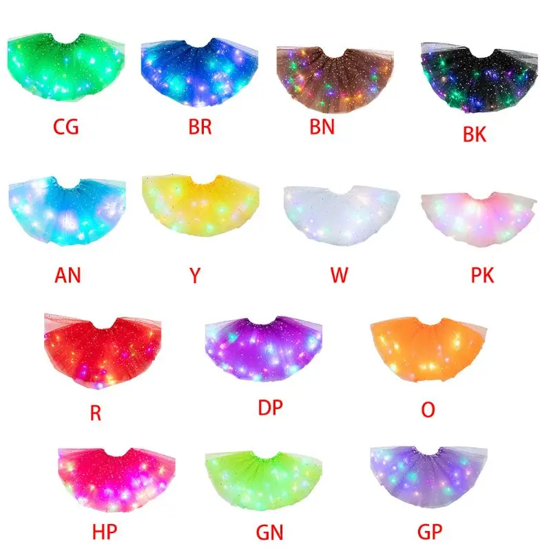 

Kids Girls Glitter Star Sequins Ballet Dance Tutu Skirt LED Light Up Neon Colorful Layered Tulle Short Dress Party Stage Custume