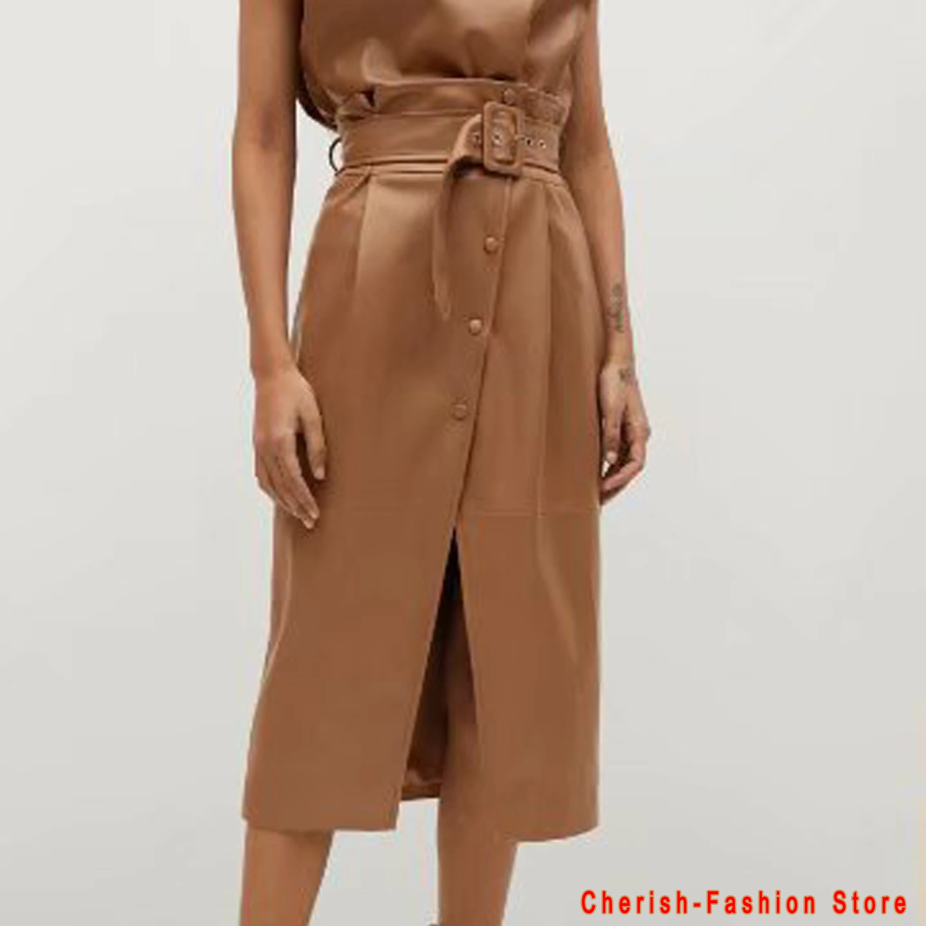 

PU Leather Irregular Split Women's Skirt High Waist Brown Female Skirts Streetwear Solid Brown Spring Autumn Ladies Bottom Girls