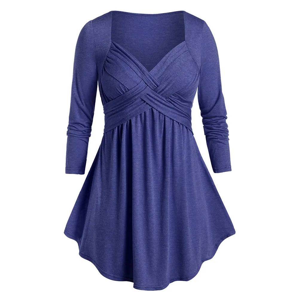 Denim Dark Blue ROSEGAL размера плюс космический краситель Туника Яркая футболка возлюбленная с длинной шеей рукавом Женские однотонные футболки с высокой талией винтажные сексуальные футболки - Цвет: Denim Dark Blue