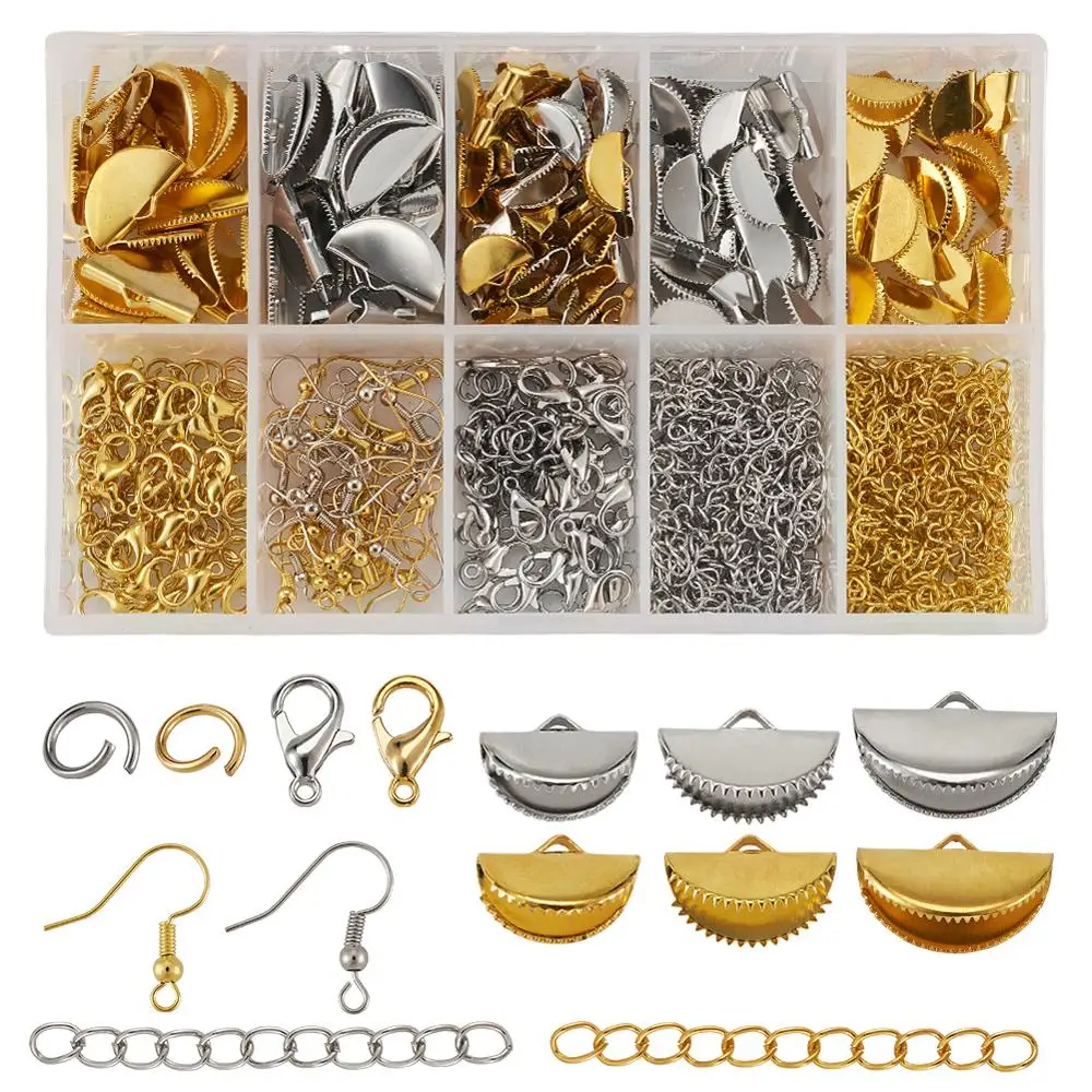 

1Box DIY Jewelry Kits with Ribbon Ends Lobster Claw Clasps Jump Rings Brass Earring Hooks Iron Chain Extender and Bead Container