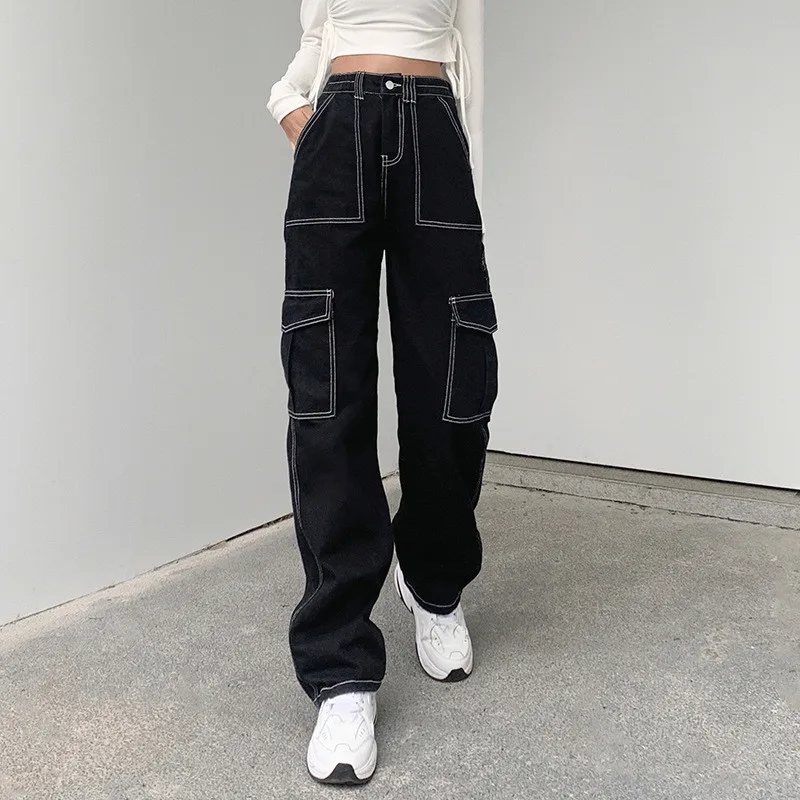 

Pockets Patchwork Baggy Jeans Fashion Streetwear 100% Cotton Women Denim Trouser Loose Cargo Pants Korean Jeans Harajuku