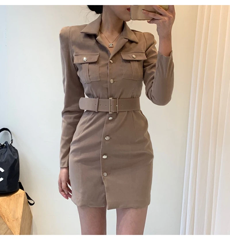 Trytree Autumn Winter Women Casual Dress Turn-down Collar Single Breasted Pockets Belt 5 Colour Slim fit Fashion Mini Dress