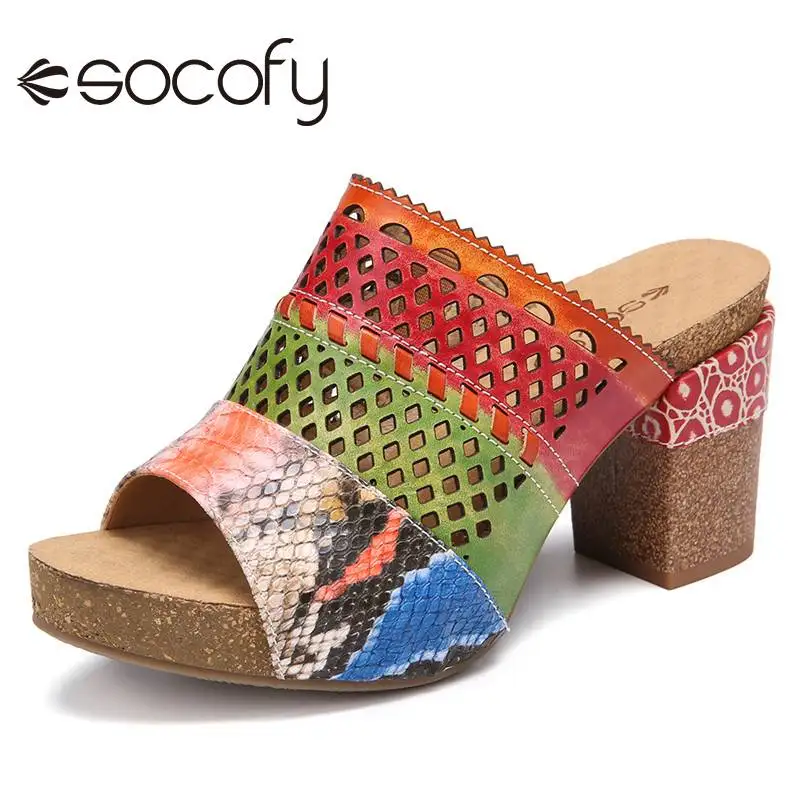 

SOCOFY Women Leather Contrast Snakeskin Print Sandals High Block Heel Open Toe Hollow Out Sandals Casual Mules Shoes 2020