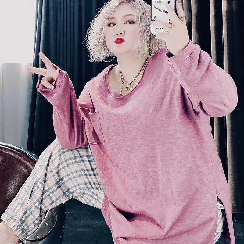 

Winter Fall 2021 Womens Korean Fashion 2xl Oversized Clothes Pocket Design Loose Long Sleeve Base T Shirt Top Black White Purple