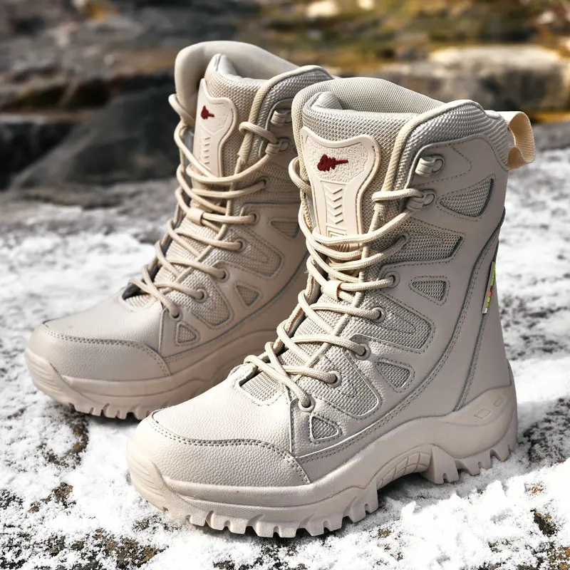 

CAMEL JINGE 2021 Beige High Top Outdoor Hiking Boots Men Fur Army Boots Couple Big Size Comfort Military Tactical Boots For Men