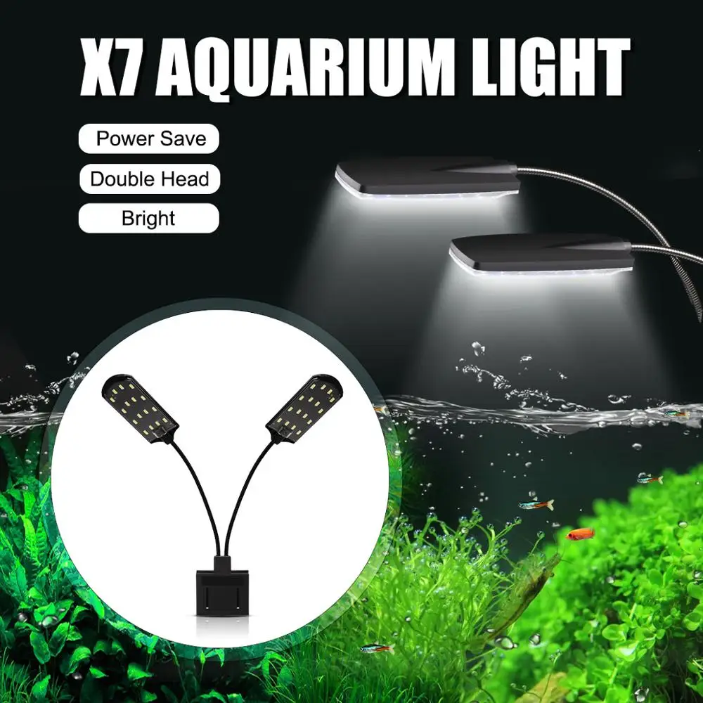 

Senzeal X7 Two Heads Aquarium LED Light 15W 1600LM Clip-on Water Grass Lamp Fish Tank Led Light Aquarium AU EU US Plug 110-240V