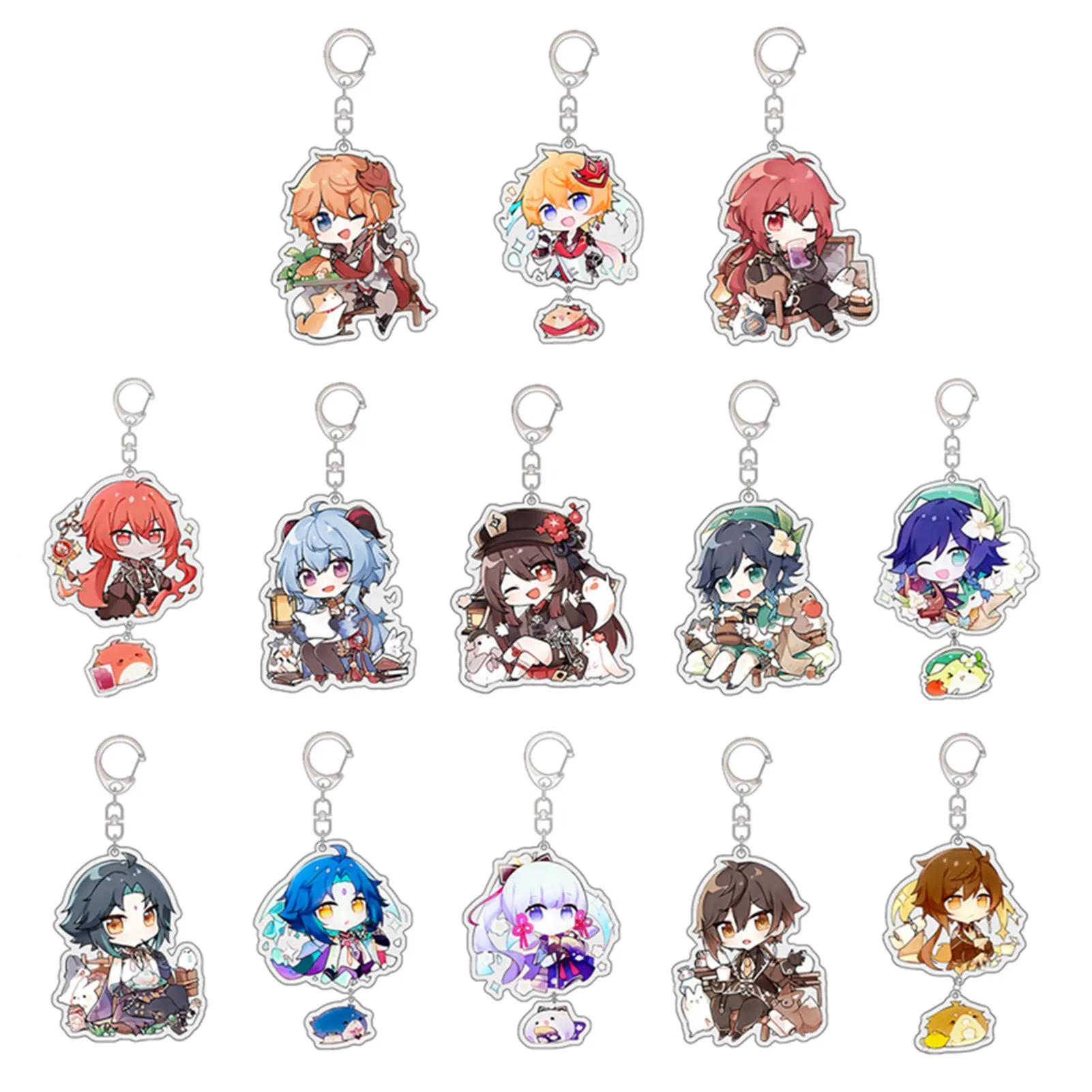 Genshin Impact Anime Keychain Cosplay Hutao Xiao Ganyu Albedo Zhongli Cute Cartoon Character Car Pendant Fans Collection Pendant