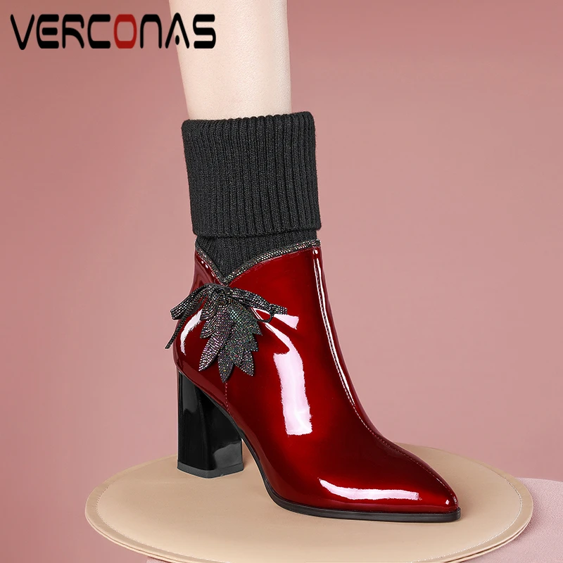 

VERCONAS Women Basic Genuine Leather Mid-Calf Boots Autumn Winter High Heels Shoes Woman New Butterfly-Knot Zipper Office Boots