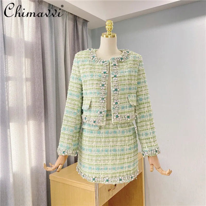 

Club Outfits Women 2021 Plaid Diamond Long Sleeve Tweed Jacket Elegant High Waist A Line Mini Skirt Lady Business Casual Outfits