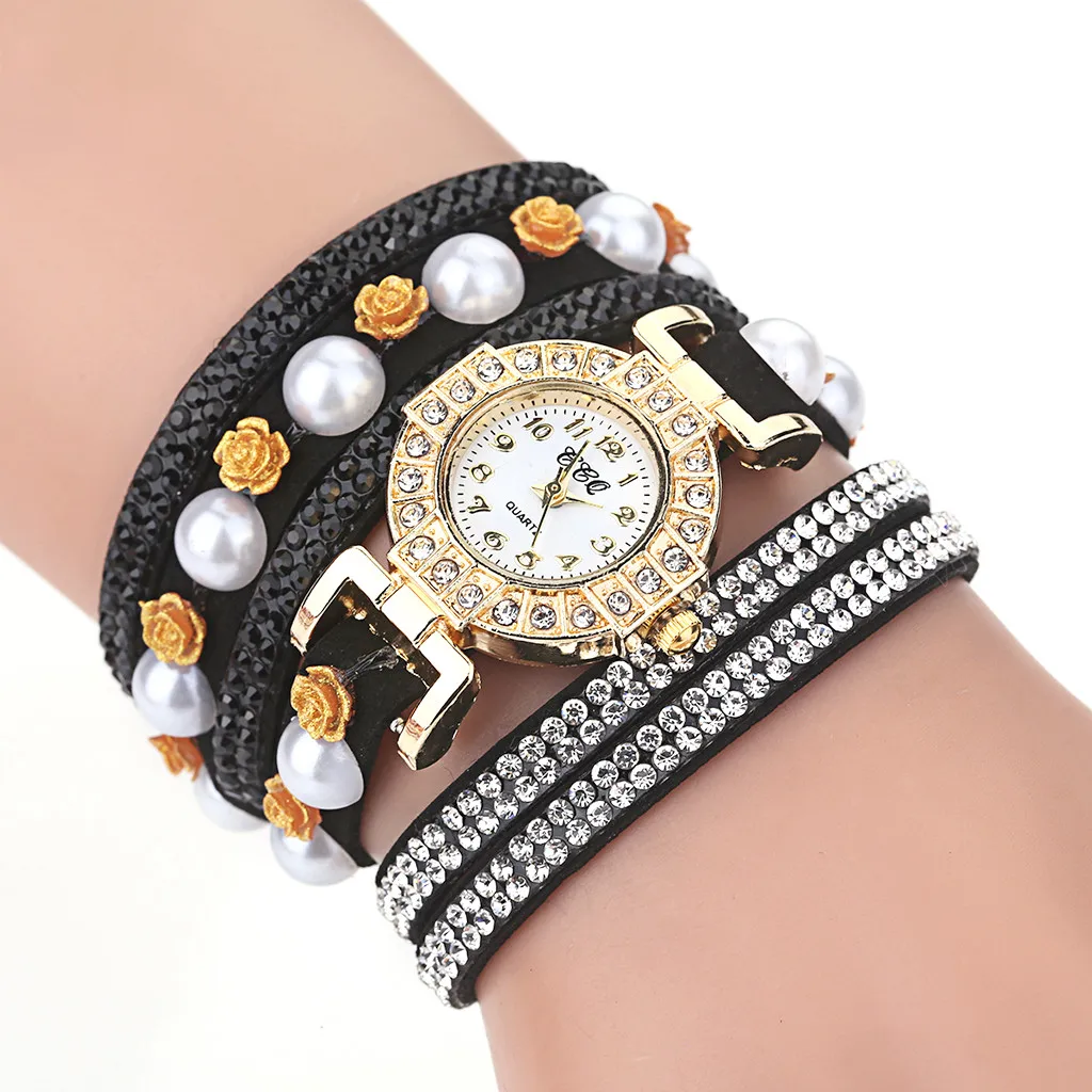 CCQ женские часы винтажный цветочный декор кожаный ремешок Блестящие кристаллы