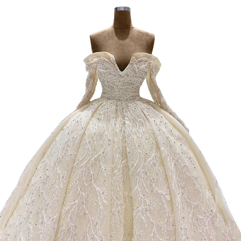 

Off-the-Shoulder Beaded Lace a-line Wedding Dress for Bride High Quality robe manche longue FOW32923
