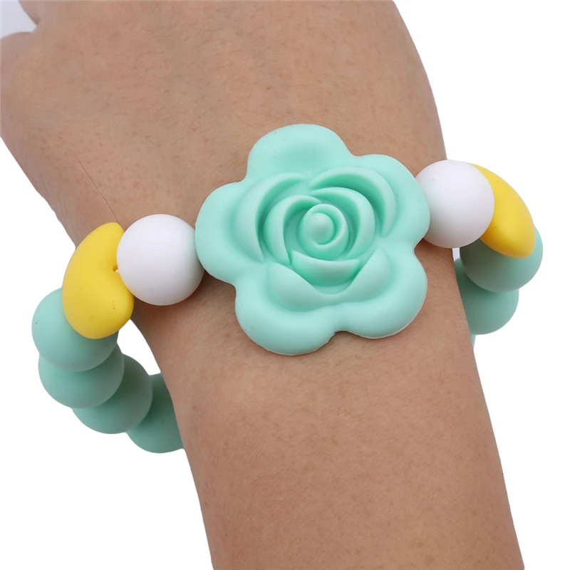 Mordedores de beb&eacute; con cuentas de flores rosas, mordedor de dientes entrenamiento, cadena de silicona de grado alimenticio para ni&ntilde;os-4