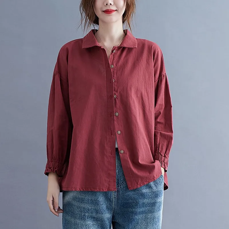 

Women Cotton Casual Shirts New Arrival 2021 Autumn Simple Style Solid Color Loose Female Long Sleeve Tops B983