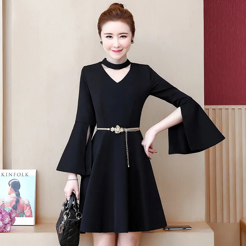 

Spring/summer 2021 new Korean version of the big size women's fat MM fashion horn sleeves waist show thin mid-length dress