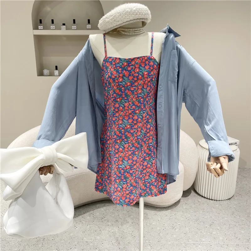 

New Women's Clothing Summer 2021 Floral sling dress + loose and lazy mid wind long shirt Two piece set