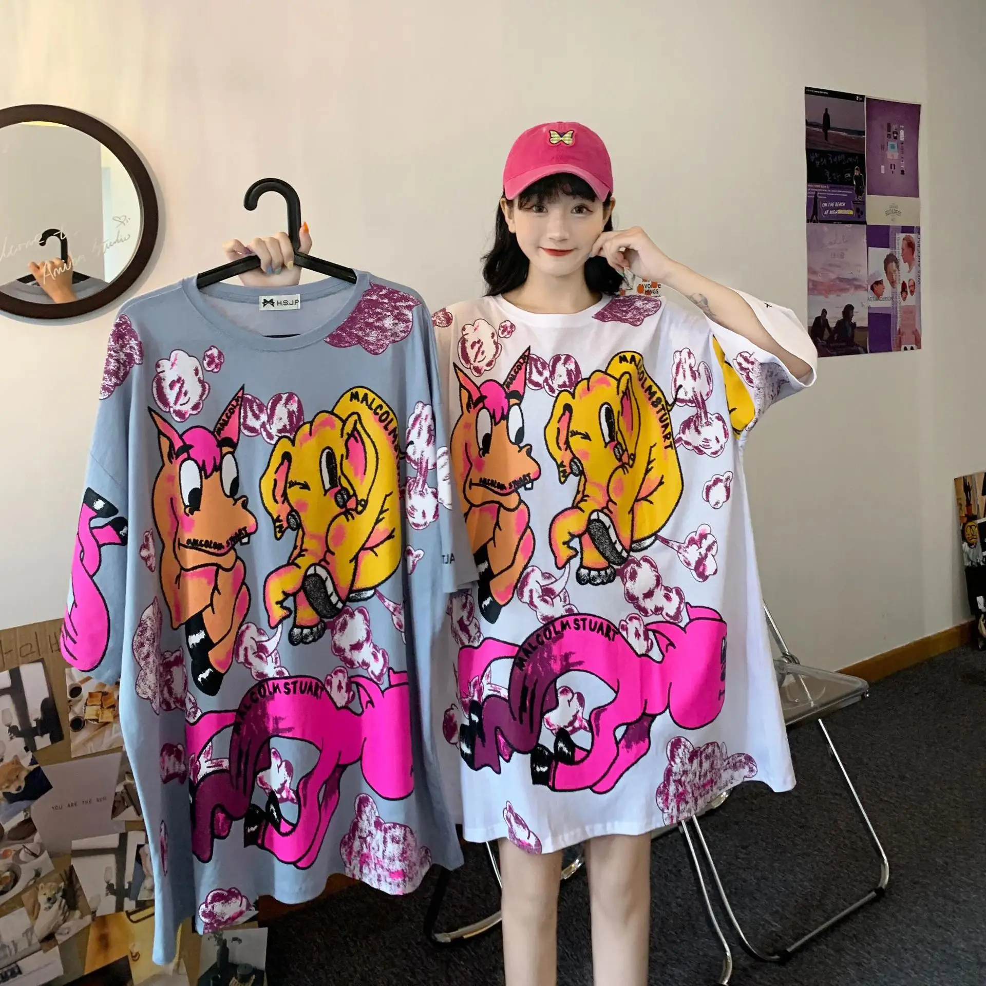 

T-shirts Women Cartoon Printing Funny Tshirt O-Neck Simple All-match Trendy Womens Tee Top Loose Oversized t shirt