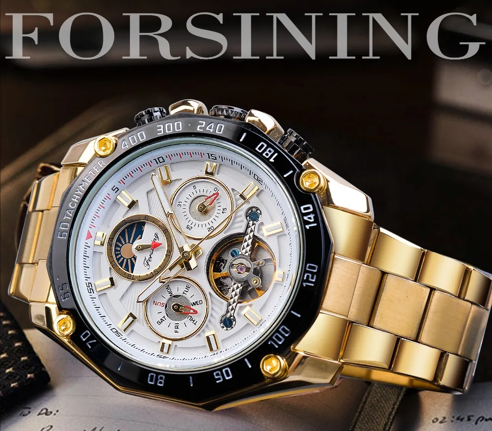 Forsining Классические Золотые Tourbillon механические часы Мужские автоматические Moonphase календари ремни из нержавеющей стали часы Reloj Hombre