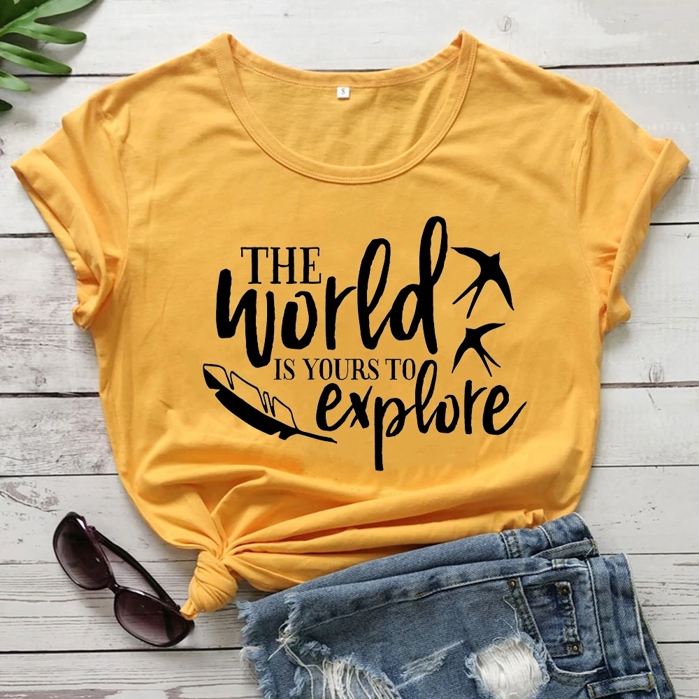 

the world is yours to explore Funny T Shirts Women Printed Camiseta Mujer Short Sleeve Cotton Tshirt Women Black Tee Shirt Femme