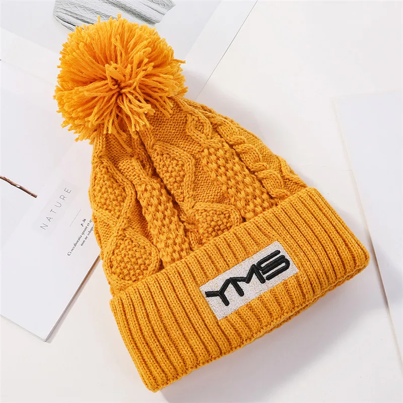 

JIUCE021 Winter Warm Beanies Women's Casual Curled Pom pom Cable Twist Pattern Knitted Hat Skullies Bone Gorras