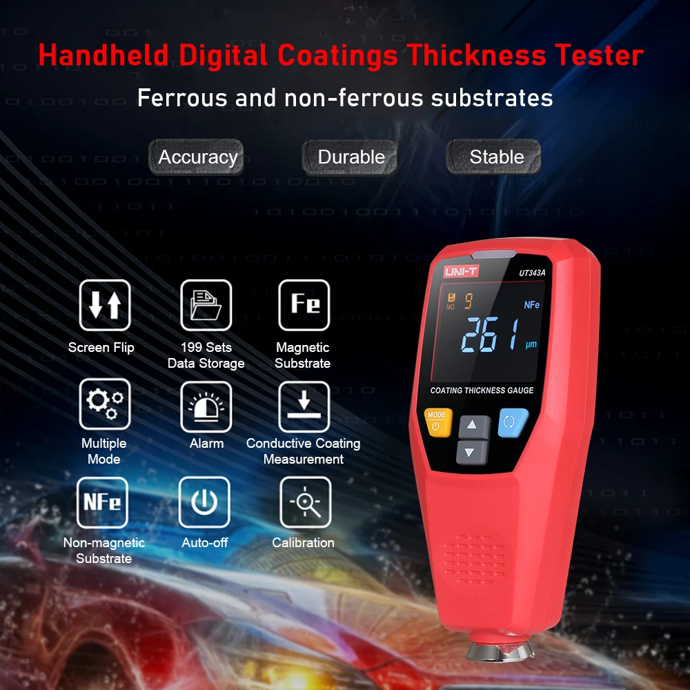 

Thickness Gauge for Ferrous Substrate/Non-Ferrous Substrate UT343A Dual Purpose Paint Coating Handheld Digital Thickness Tester