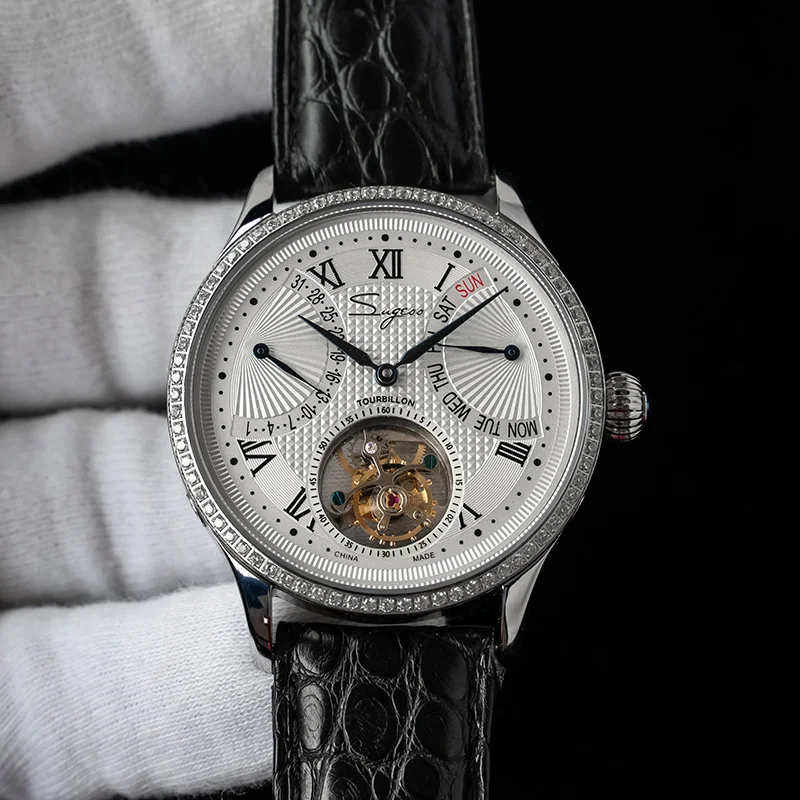 

SUGESS Tourbillon Watch Seagull Movement Mechanical Wristwatch Sapphire Date Week Waterproof Alligator Strap montre homme luxe