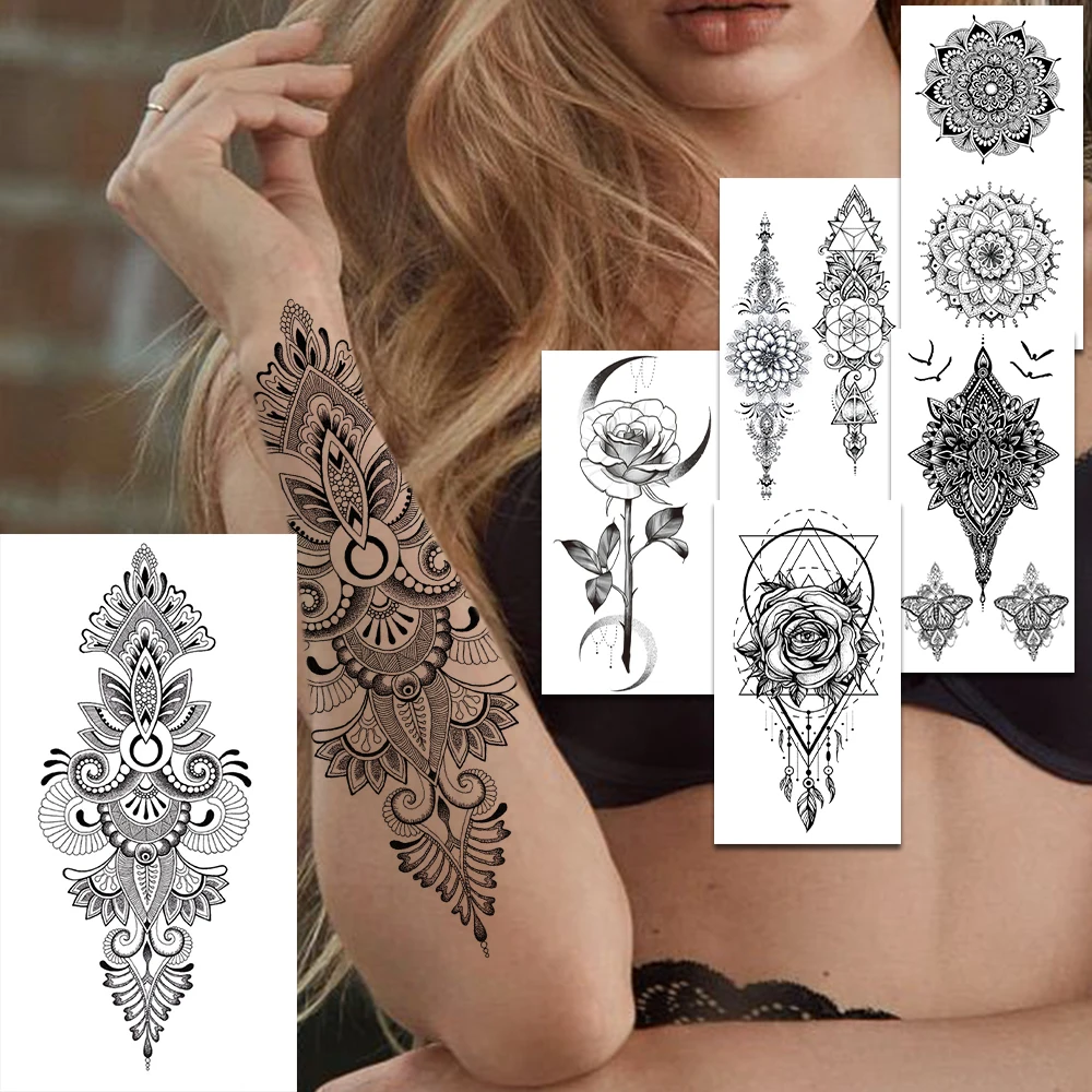India Lace Fake Temporary Tattoos For Women Fashion Black Mandala Henna Tattoo Geometric Rose Flower Branch Hands Mehndi Tatoos