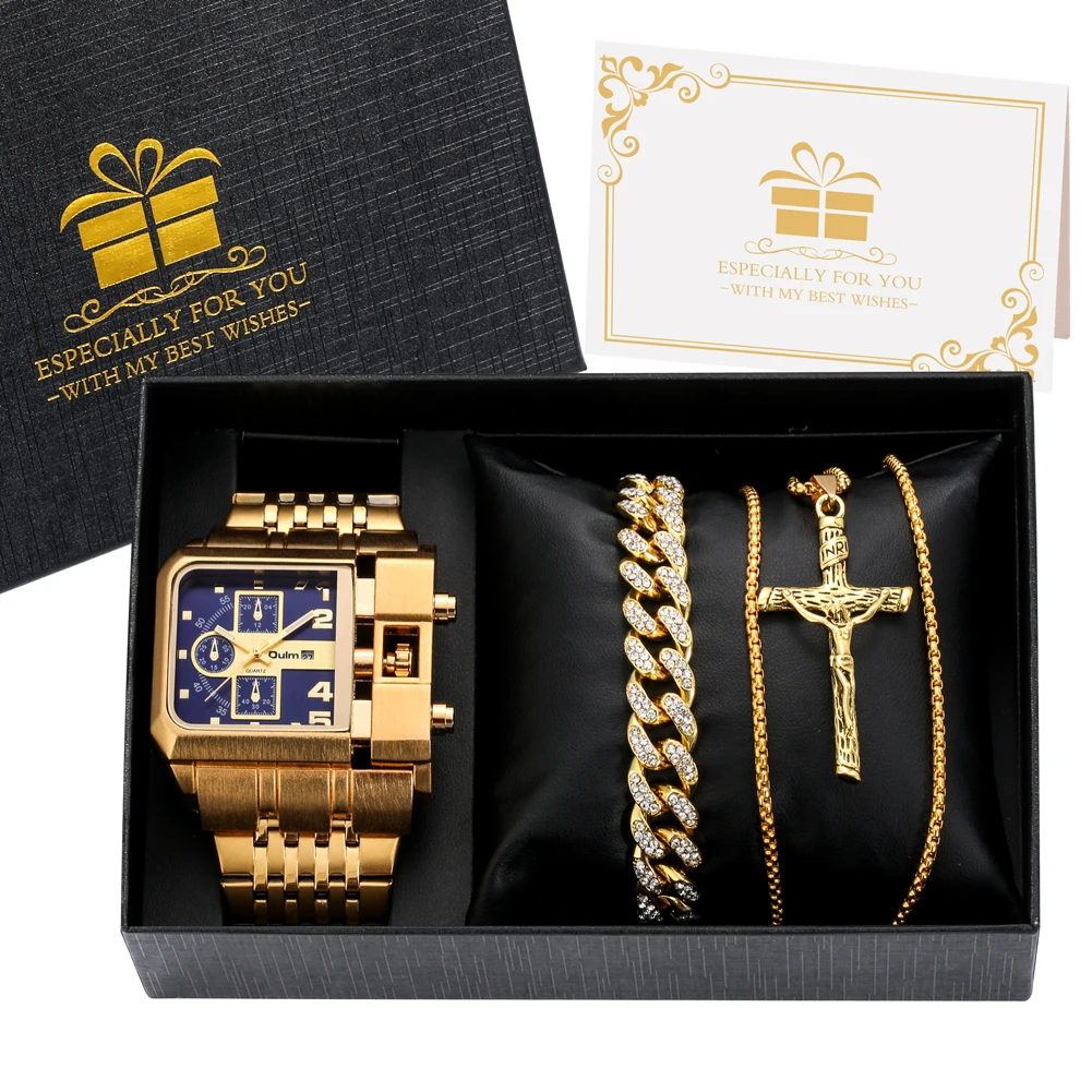 Men Luxury Gift Watches Gold Steel Band Necklace Bracelet Set Super Big Dial WristWatch Business Quartz Watch Relogio Masculino