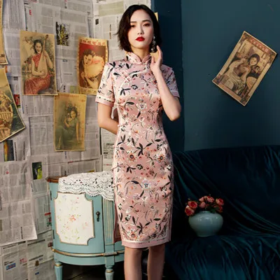 Розовые шелковые платья женские вечерние платья Cheongsam короткое улучшенное винтажное традиционное китайское платье розовое цветочное шоу Qipao - Цвет: pink qipao