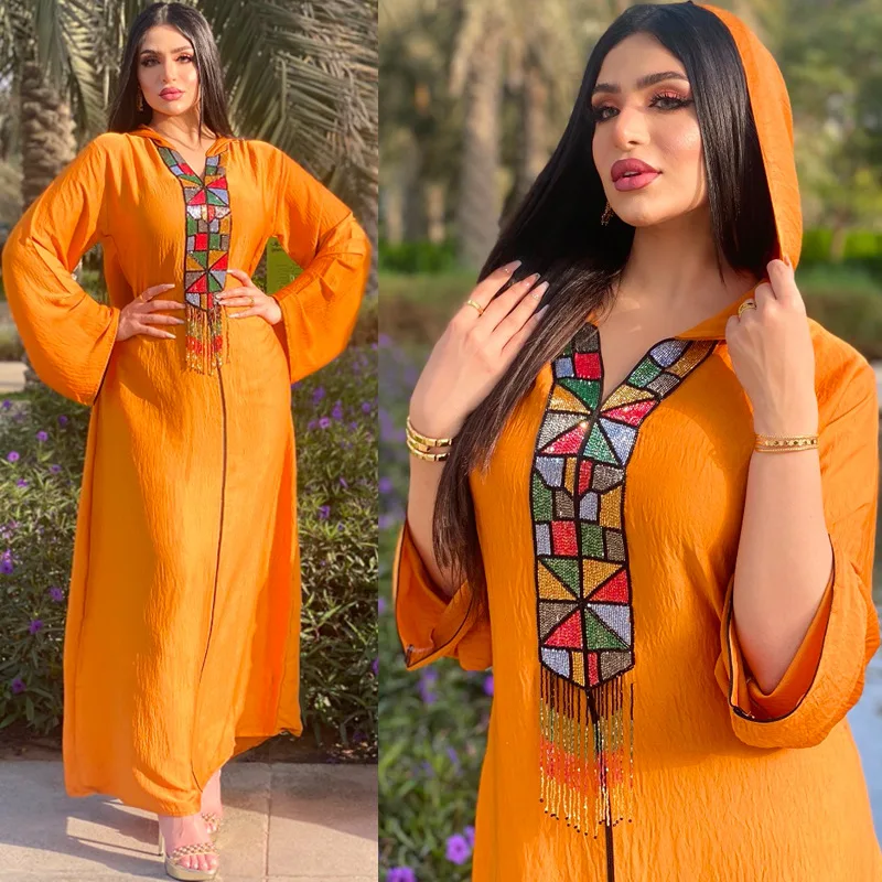 

Muslim Fashion Commuter Women's Orange Gold-rimmed Hooded Long Dress Middle Eastern Arab Robe Abaya Dubai Islamic Dress