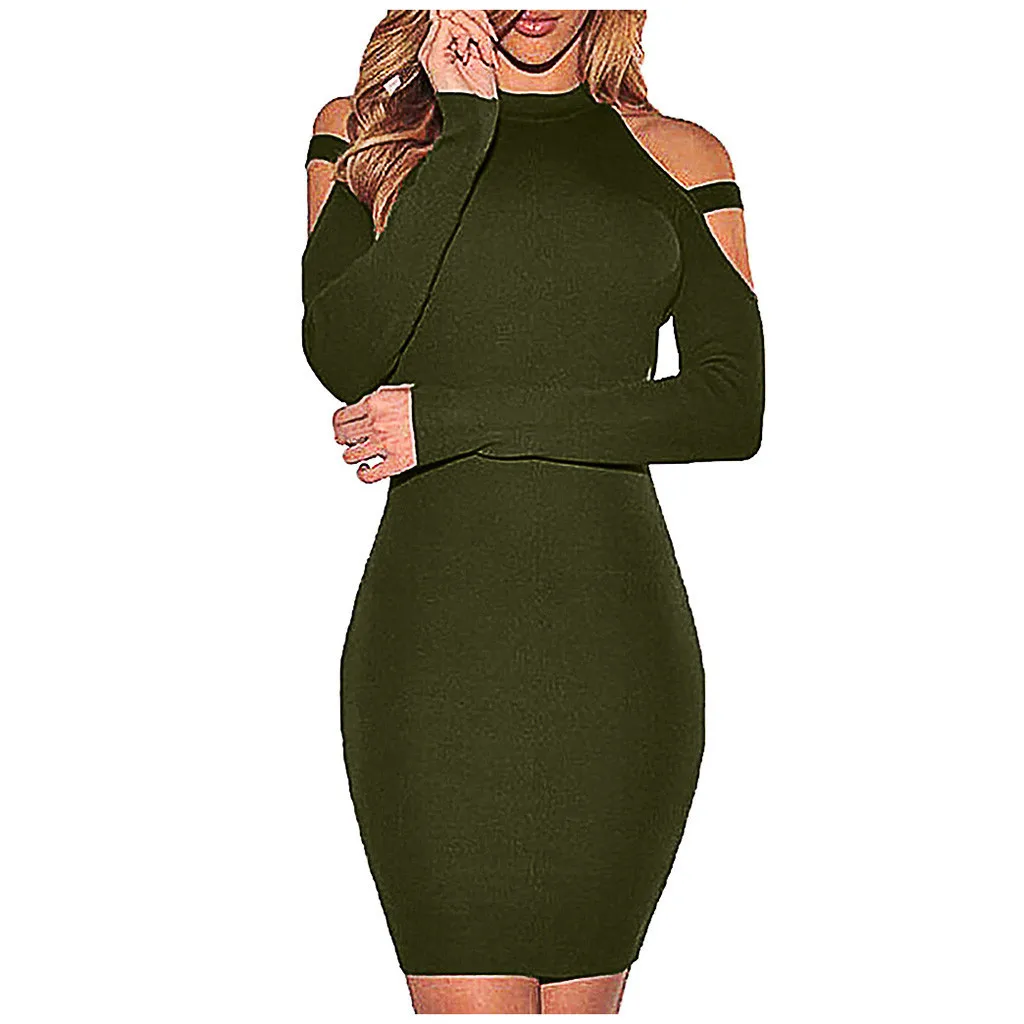 Женское платье с О образным вырезом и длинными рукавами однотонное облегающее