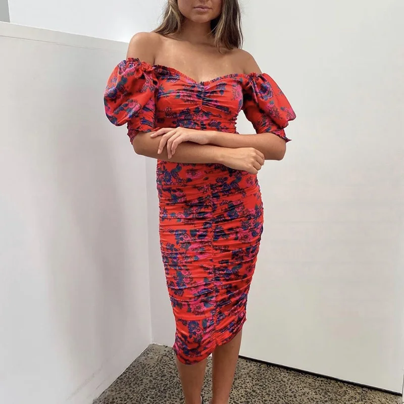 Женское платье-миди с открытыми плечами цветочным принтом | Женская одежда