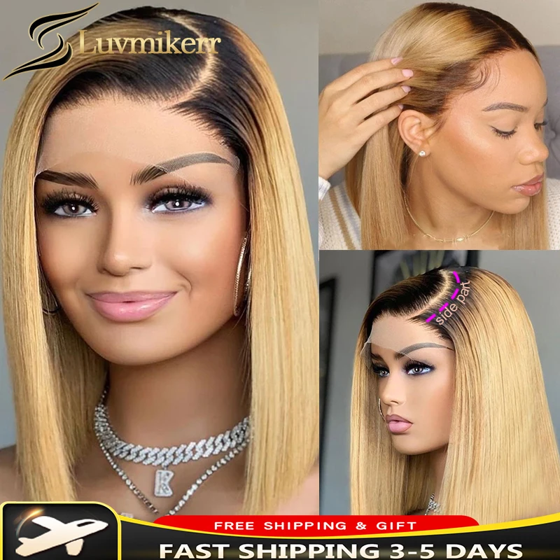 

Straight Short Bob 4x4 Lace Frontal Wig Pre Plucked Ombre Honey Blonde HD Human Hair Closure Lace Front Wig Women Bleached Knots