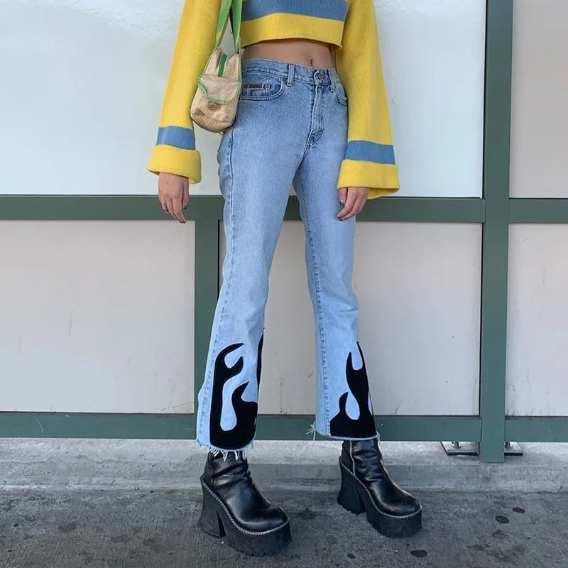 Модные стильные Осенние повседневные джинсы с принтом пламени | Женская одежда