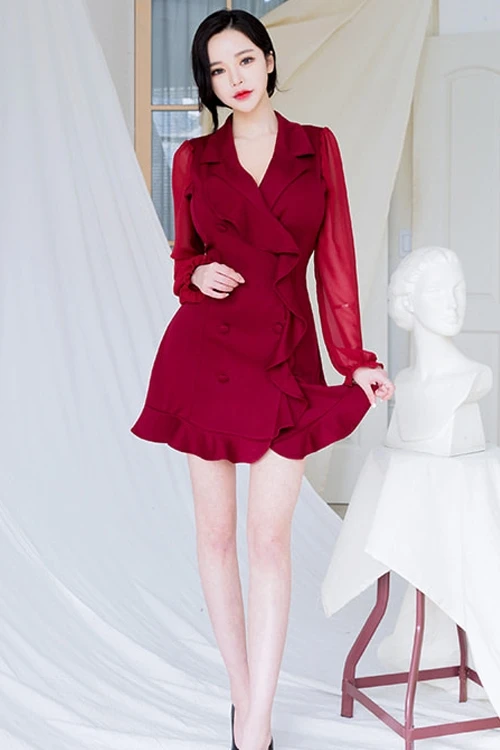 

COIGARSAM Full Sleeve Women dress New Spring Double Breasted V-Neck Dresses Red Black 5070