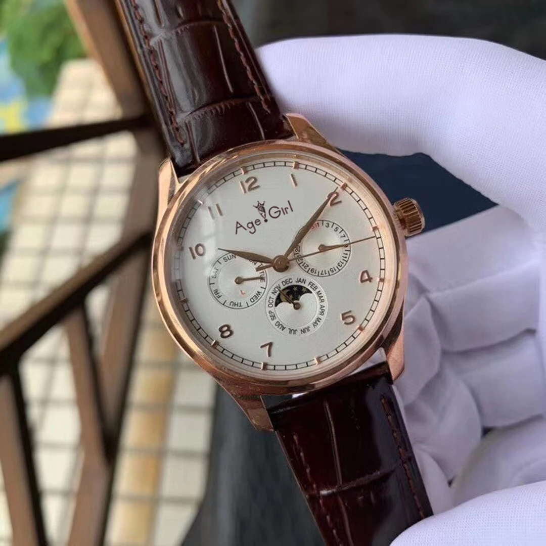 

Luxury New Men Stainless Steel Automatic Mechanical MoonPhase Daydate Sapphire Sport Watch Rose Gold White Black Number Leather