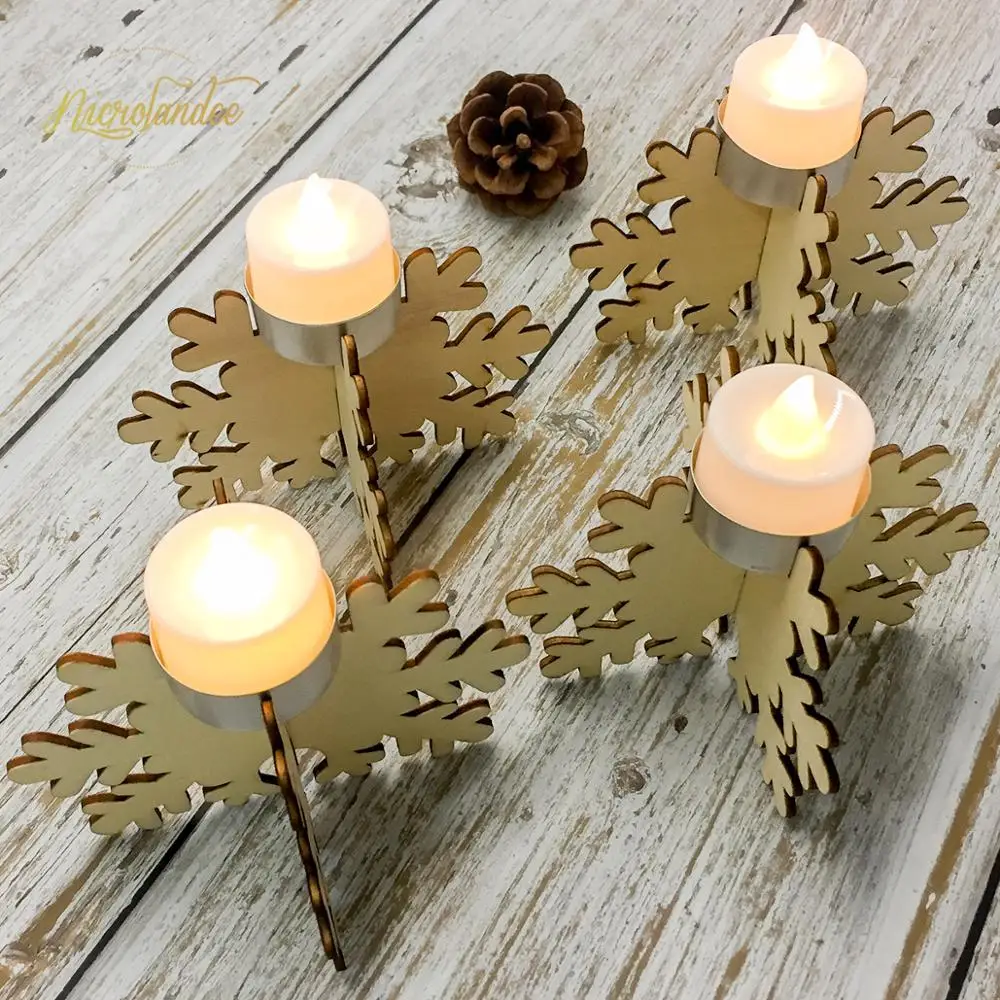 NICROLANDEE 4 pcs/set DIY Wood Laser Cut Snowflake Tea Light Candle Holder Vintage Christmas Stand Home Decoration 85 | Дом и сад