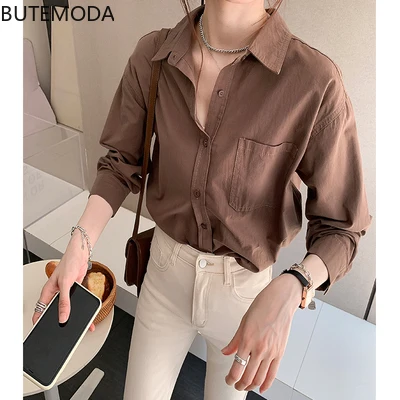 

Butemoda Women Shirt 2021 New Loose All-match Shirt Solid Color Shirt Simple Large Size Long-sleeved Bottoming Shirt Plus Size