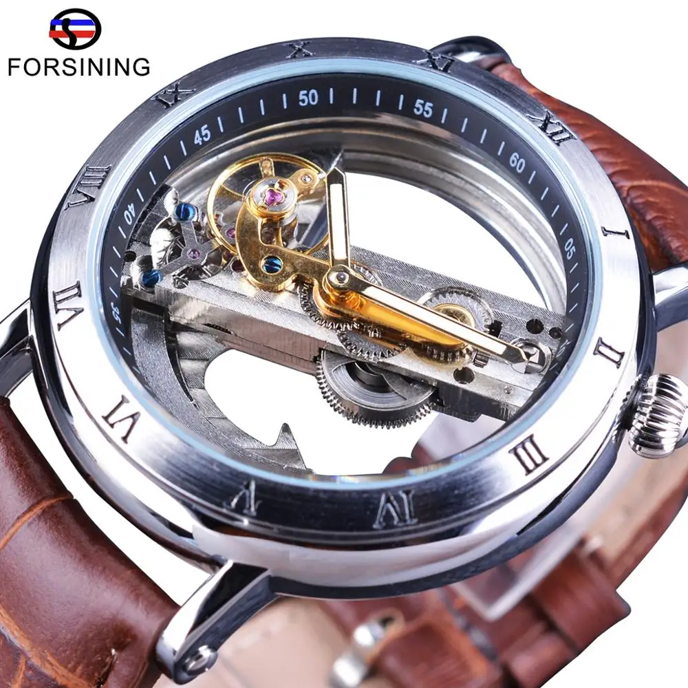 

Forsining Minimalism Design Leather Transparent Skeleton Men Watches Top Brand Luxury Steampunk Mechanical Automatic Wristwatch