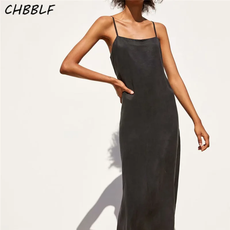 Женское платье миди без рукавов CHBBLF черное с круглым вырезом и открытой спиной