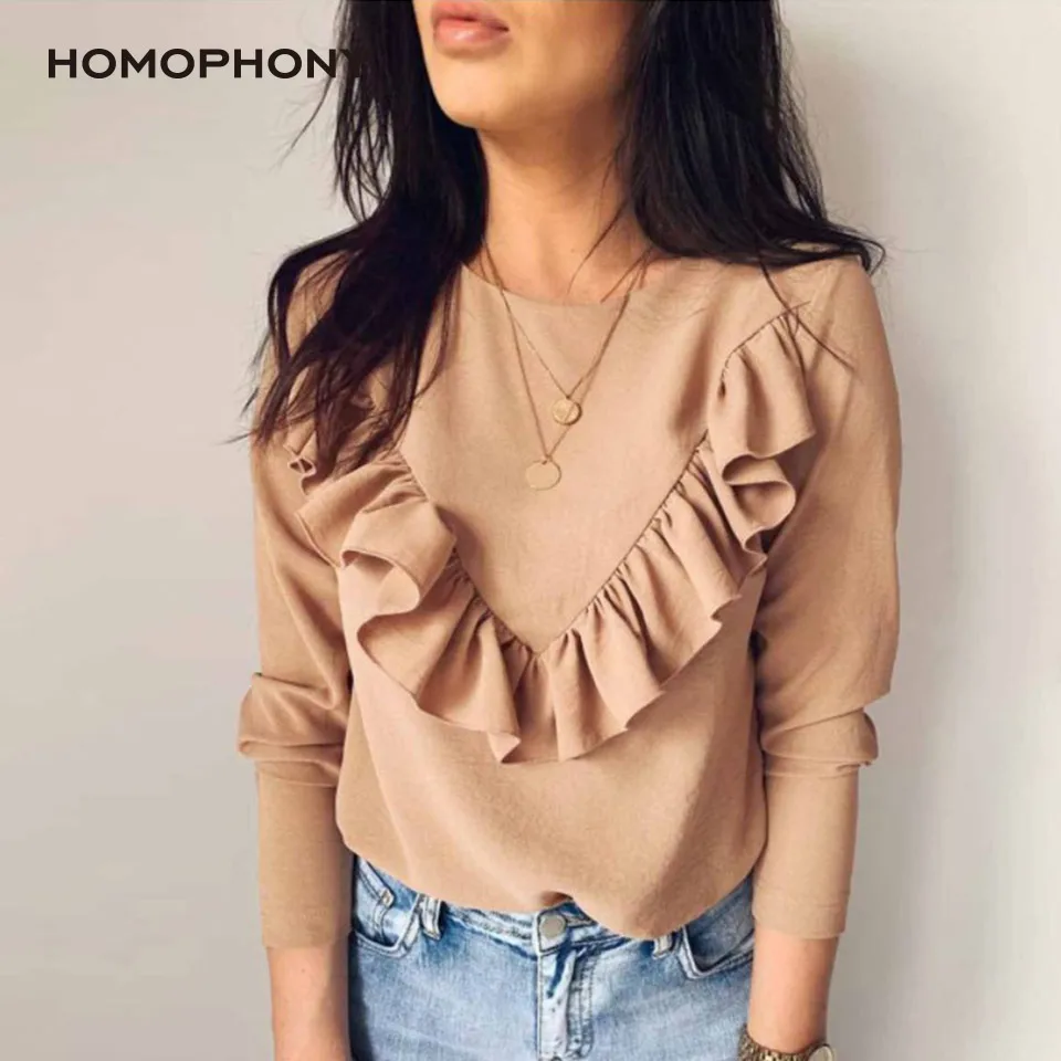 

Homophony Street Style Women T-shirt Ruffles Long Sleeve Solid Casual Tops O Neck Spring and Autumn Women Tees Office Lady